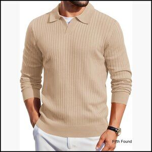 Men's Long Sleeve V-Neck Polo Sweater, Knit Pullover for Golf & Casual